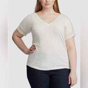 NWT Lauren Ralph Lauren Lace Trim Short Sleeve Vee Neck Tee Shirt SZ 1X Cream